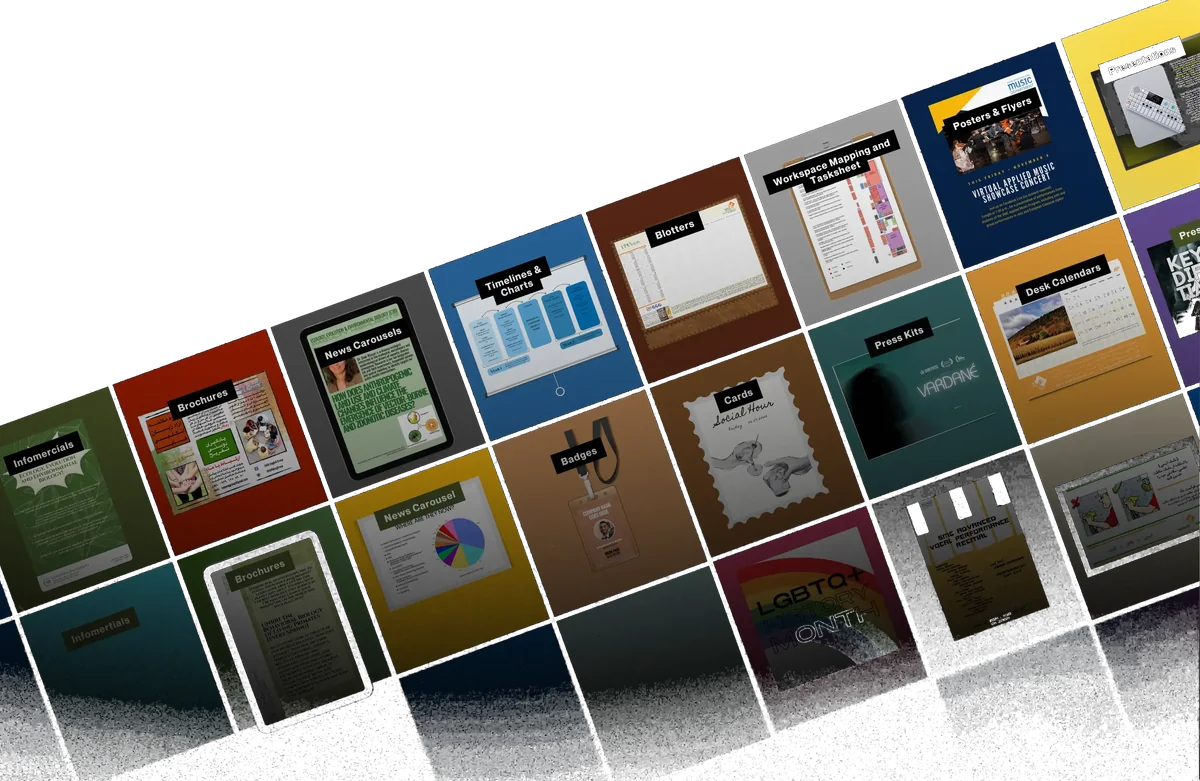 Grid of design work: brochures, carousels, timelines, blotters, posters, press kits and calendars