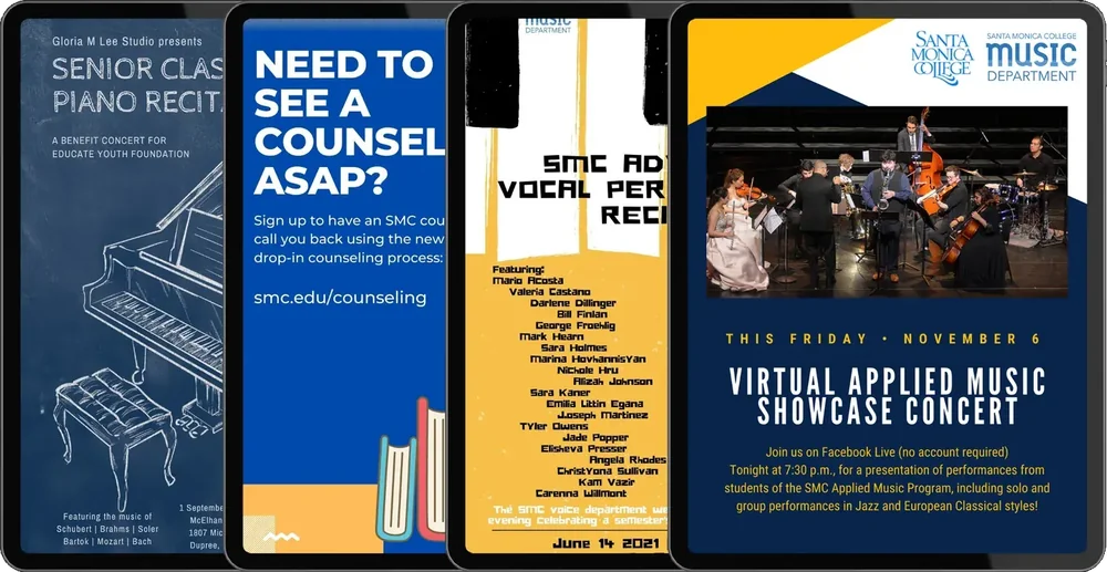Posters and flyers for Santa Monica College events