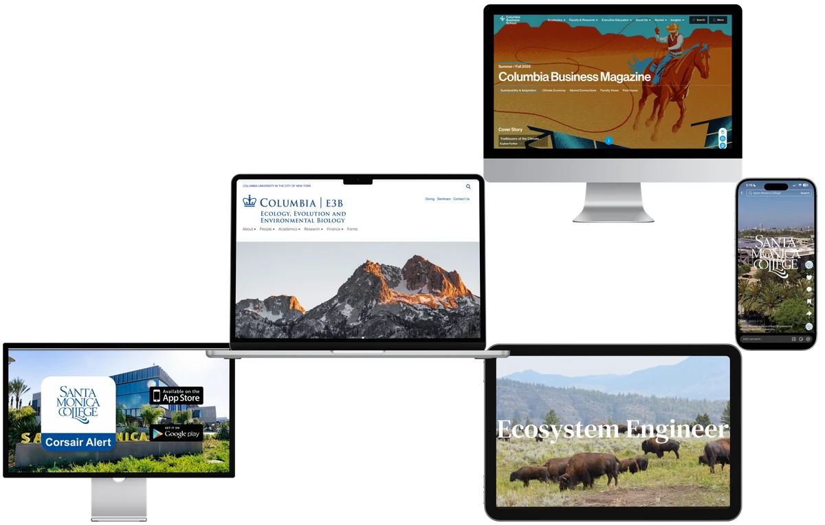 Websites for Columbia Business Magazine, Columbia E3B and Santa Monica College on various devices