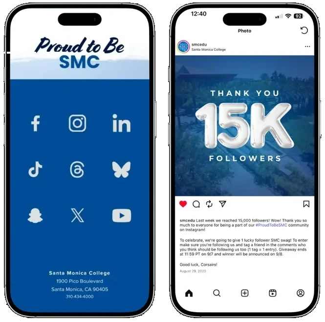 Santa Monica College social profiles, celebrating 15K followers
